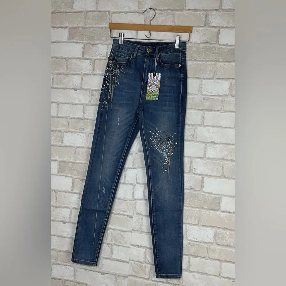 NWT Denim Couture Red Embellished Blue Skinny Jeans Size 5